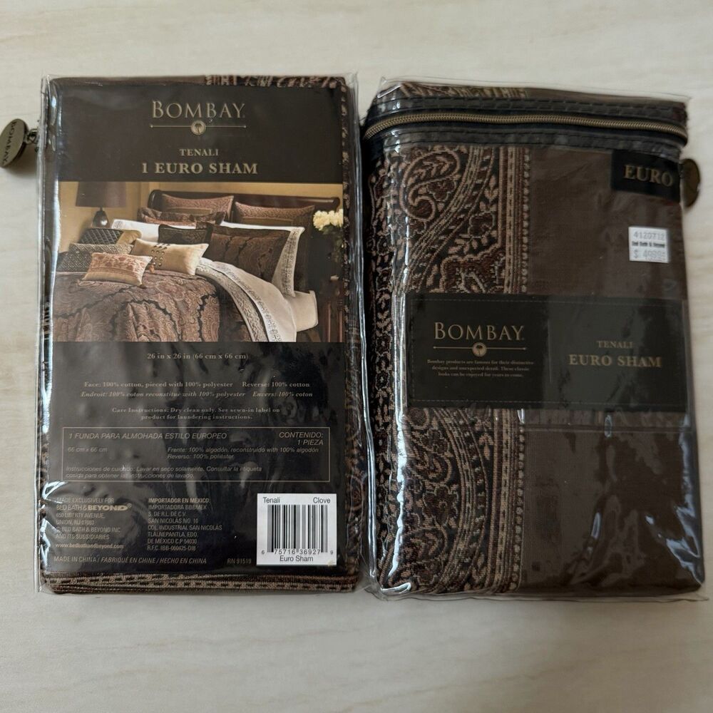 Pair of Bombay Tenali Euro Shams Brown Paisley 26x26 Bed Bath & Beyond New